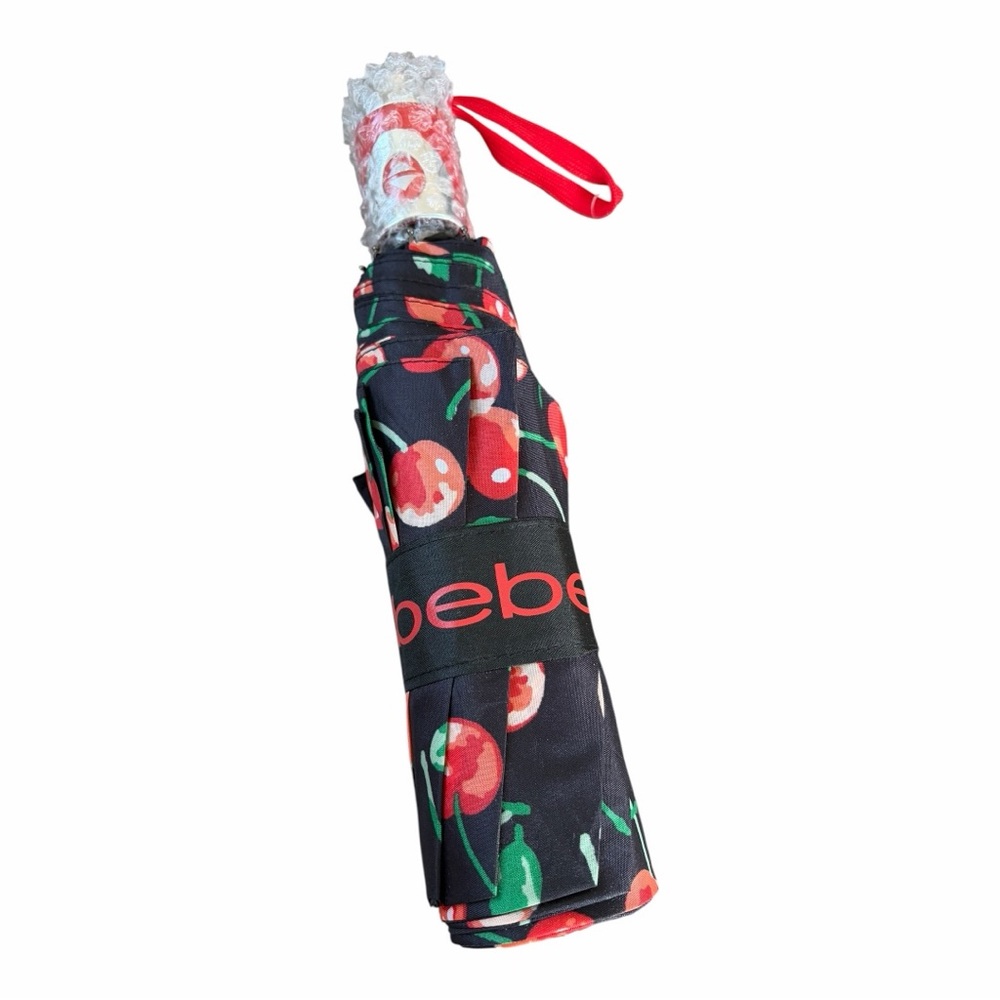 Bebe Cherries Black Red Silver Auto Open Umbrella
